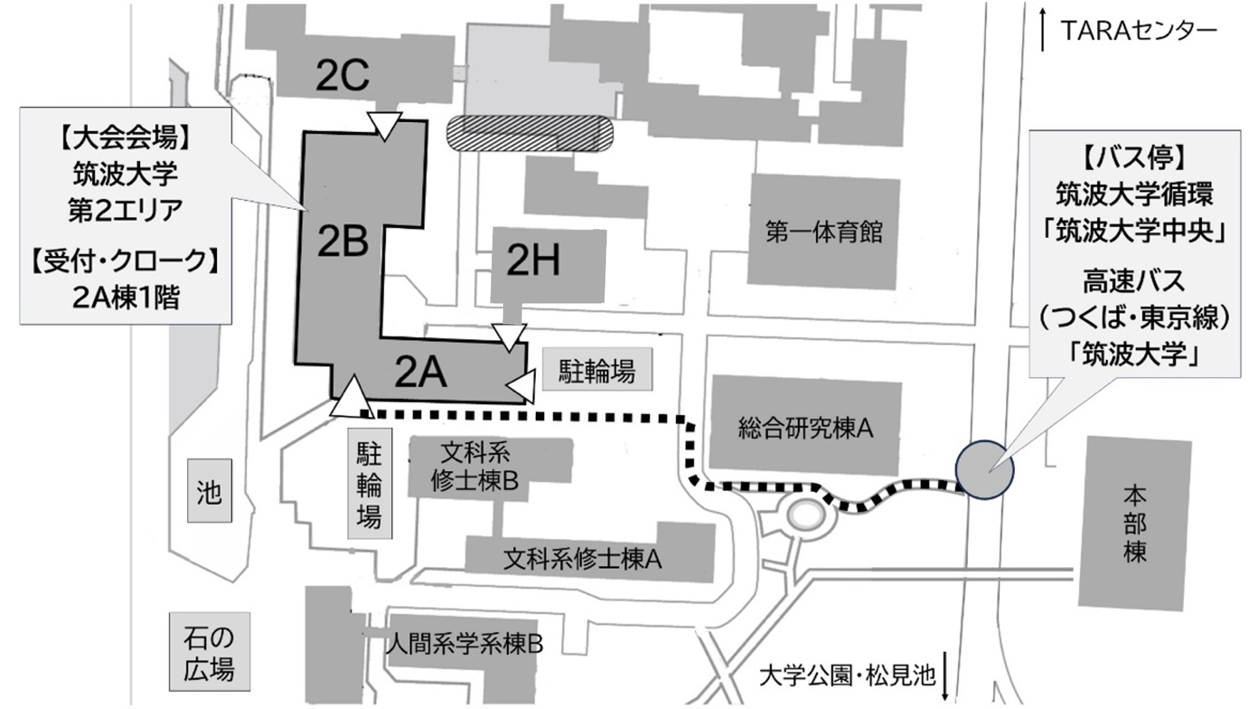 バス停から学会大会・総会会場（筑波大学第2エリア）までの経路